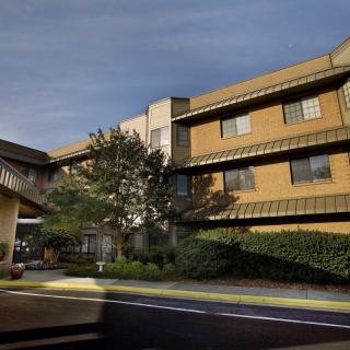 A modern building exterior with trees and bushes in the sunlight.