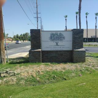 Signage for a business located along a roadside, surrounded by palm trees.