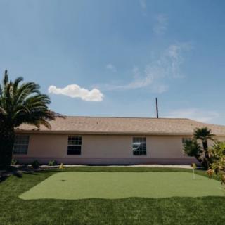 A backyard with a putting green on a sunny day, featuring a house and palm tree.