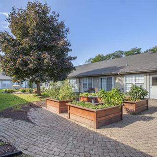 A courtyard featuring raised garden beds filled with plants, surrounded by a paved pathway.
