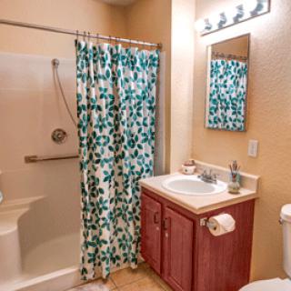A cozy bathroom featuring a floral shower curtain, a wooden vanity with a sink and mirror, and a neatly mounted toilet paper holder.