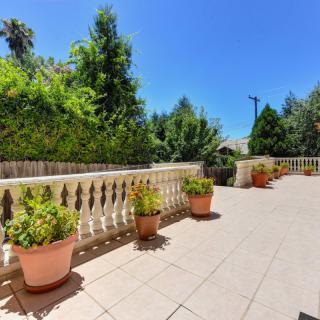 A sunny patio area with potted plants and a view of lush greenery.