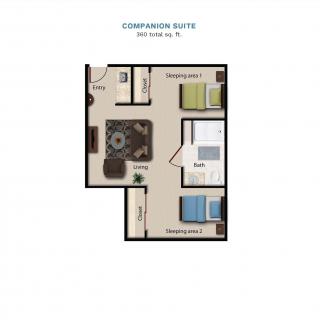A compact two-bedroom suite floor plan with labeled rooms.