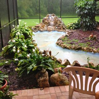 A serene garden with a small pond and lush greenery, adjacent to a patio area.