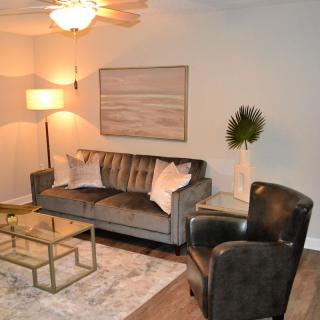 A modern living room featuring a gray sofa, black armchair, glass coffee table, and stylish decor.