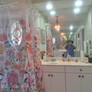 A beautifully decorated bathroom featuring a floral shower curtain and well-lit mirror space.