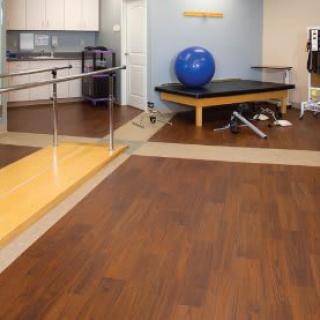 A physical therapy room equipped with exercise equipment and wood flooring.