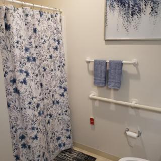 A neatly organized bathroom with a patterned shower curtain and matching towels.