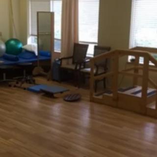 A physical therapy room equipped with exercise balls, gym mats, and a small wooden bridge.