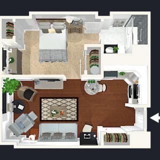 A detailed floor plan of an apartment showing the arrangement of furniture and different rooms.