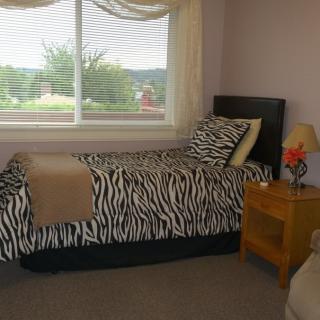 A cozy bedroom with a zebra print bedspread and a view outside the window.