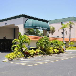 A hotel entrance with palm trees and well-maintained landscaping.