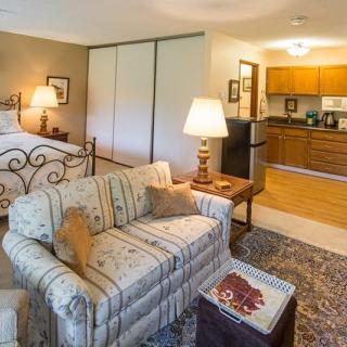 A cozy combined living and bedroom area featuring a comfortable sofa, bed with ornate frame, and a connected kitchen space.