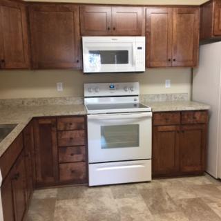 A modern kitchen featuring wooden cabinets and essential appliances.