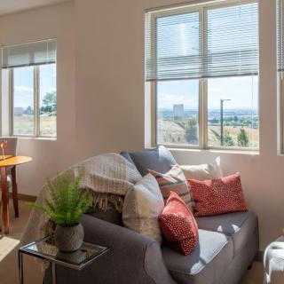 A cozy living room with a comfortable sofa and bright natural light streaming through the windows.
