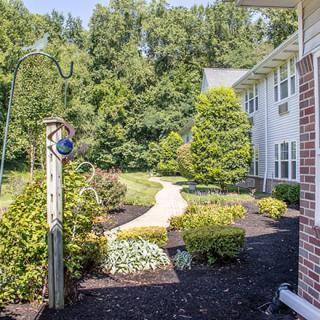 A scenic garden pathway lined with lush greenery and bushes, leading towards a building surrounded by trees.