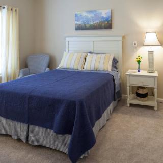 A cozy bedroom with a blue bedspread, nightstand, and lamp.