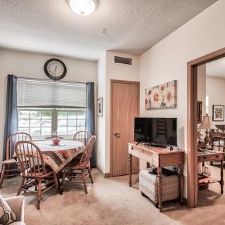 Cozy living and dining area with a wooden table, chairs, and a TV near the window.