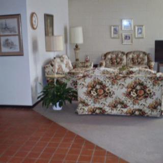 A vintage-style living room with a floral sofa and decorative wall art.