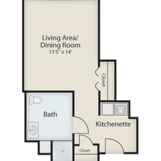 A simple floor plan of an apartment featuring a living/dining area, kitchenette, and bathroom.