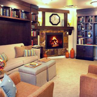 A cozy living room with a warm fireplace, surrounded by bookshelves and comfortable seating.