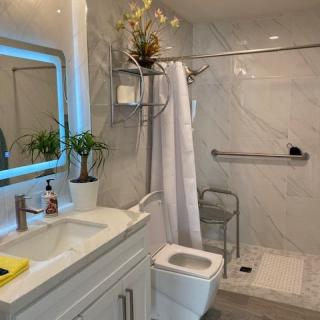 A modern bathroom with a shower, sink, and potted plants.