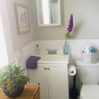 A small, neatly organized bathroom with a white sink and cabinet, decorated with a purple flower and a green plant.