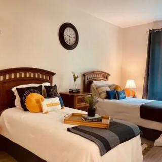 Cozy bedroom with twin beds and stylish decor.