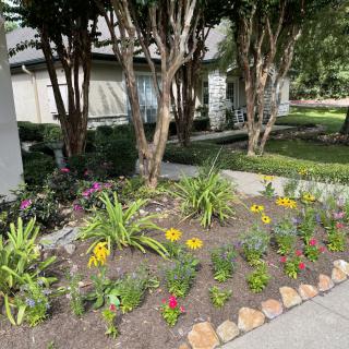 A neatly landscaped garden with vibrant flowers and surrounding trees.