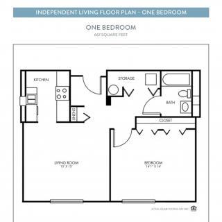 A floor plan of a one-bedroom apartment with designated areas for the living room, kitchen, dining, and bathroom.