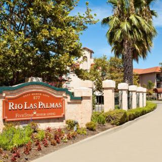 Entrance to the Rio Las Palmas apartment complex with well-maintained landscaping and palm trees.