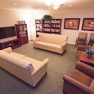 A cozy living room with sofas, a television, bookshelves, and decorative artwork.