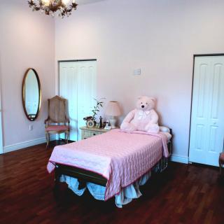 A cozy bedroom with a pink theme, featuring a single bed adorned with a large teddy bear and decorative pillows, complemented by elegant furniture and a chandelier.