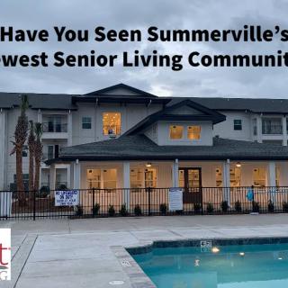 Promotional image of Summerville's newest senior living community featuring a pool.