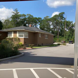 A brick house with a driveway surrounded by trees and a clear blue sky.