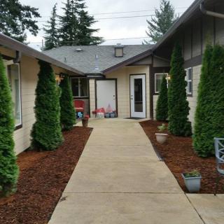 A landscaped pathway leading to a building entrance, lined with trees.