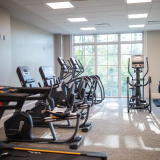 A well-equipped gym with treadmills and elliptical machines.