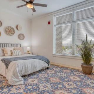 A cozy bedroom featuring a neatly made bed with decorative pillows, a large patterned rug, and wall-mounted decor. The room is brightened by natural light through the large window with white blinds, complemented by a potted plant.