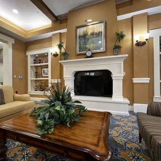 A cozy living room with a fireplace and elegant furnishings.