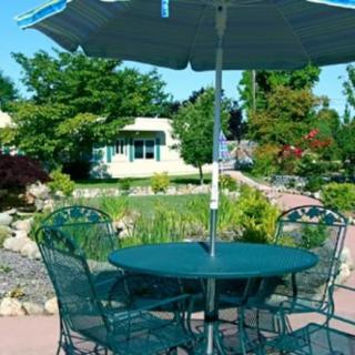 A sunny garden patio set with a table, chairs, and an umbrella.