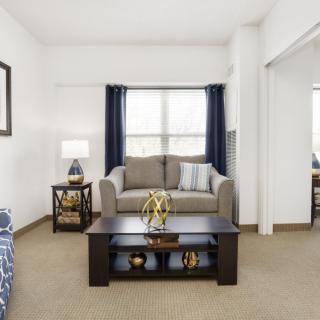A modern living room with a cozy sofa, coffee table, and elegant decor.