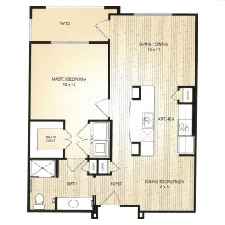 A floor plan of a one-bedroom apartment featuring a kitchen, dining area, and living room.