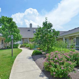 A walkway surrounded by lush greenery leads to a building under a bright blue sky.