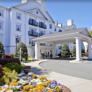 Elegant hotel entrance surrounded by vibrant flowers.