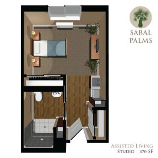 A floor plan of a compact studio apartment at Sabal Palms, featuring an efficient layout with essential amenities.