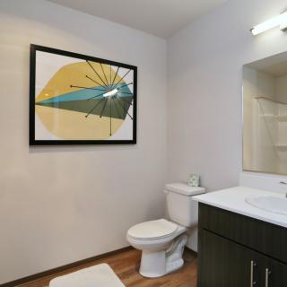 A modern bathroom featuring contemporary artwork, a toilet, and a sink with a mirror.