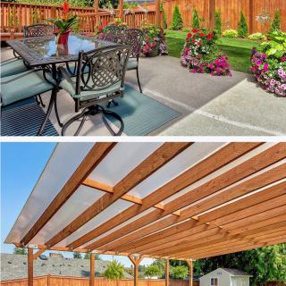 A backyard patio with outdoor furniture and a pergola, surrounded by a well-maintained garden.