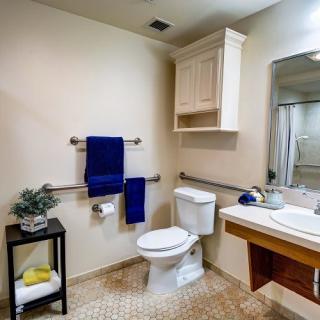 A well-organized bathroom with a toilet, washbasin, and blue towels.