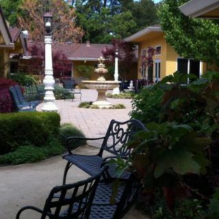 A peaceful courtyard with benches and a central fountain surrounded by lush greenery.