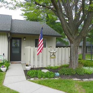 A small house with an American flag and a garden, shaded by a large tree.